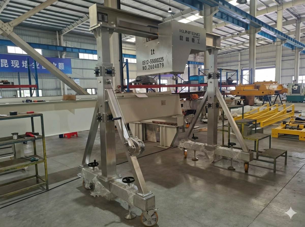 Stainless steel moveable gantry with cleanroom hoist