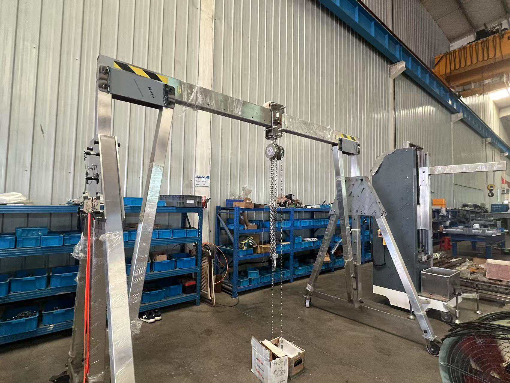Stainless steel manual hoist installed on a gantry crane